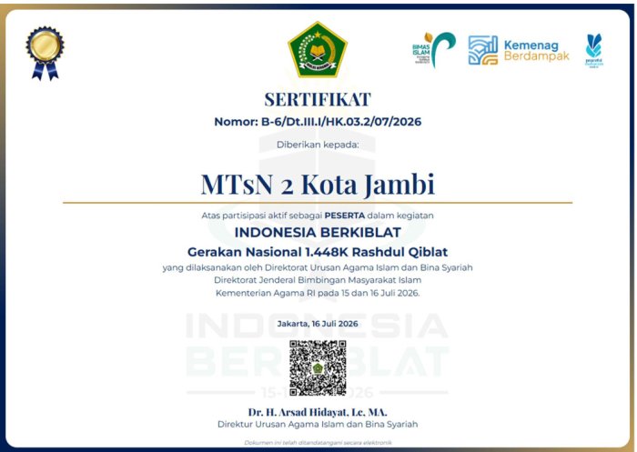 Sukses Rashdul Qiblat, MTsN 2 Kota Jambi Raih Sertifikat Resmi