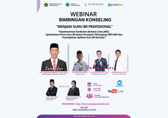 Optimalkan Peran Guru BK, MGBK Provinsi Jambi Selenggarakan Webinar Menjadi Guru BK Profesional Optimalkan Peran Guru BK, MGBK Provinsi Jambi Selenggarakan Webinar Menjadi Guru BK Profesional