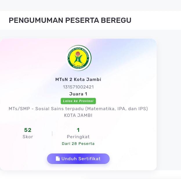 Juara 1 Beregu KSM Tingkat Kota Jambi, MTsN 2 Kota Jambi Melaju ke KSM Tingkat Provinsi