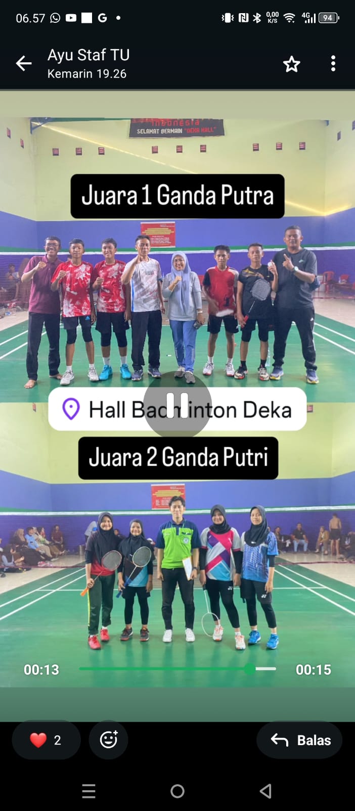 Juara Ganda Putra dan Putri Bulu Tangkis (Zona Integrasi-mtsn2kotajambiPINTAR)