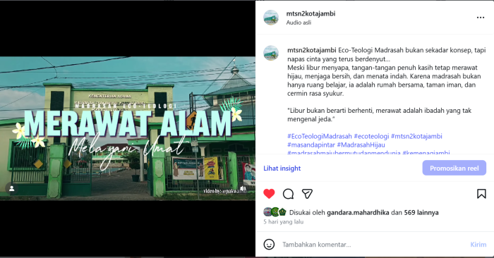 Video Eco-Teologi MTsN 2 Kota Jambi Tembus Ribuan Viewers di Media Sosial